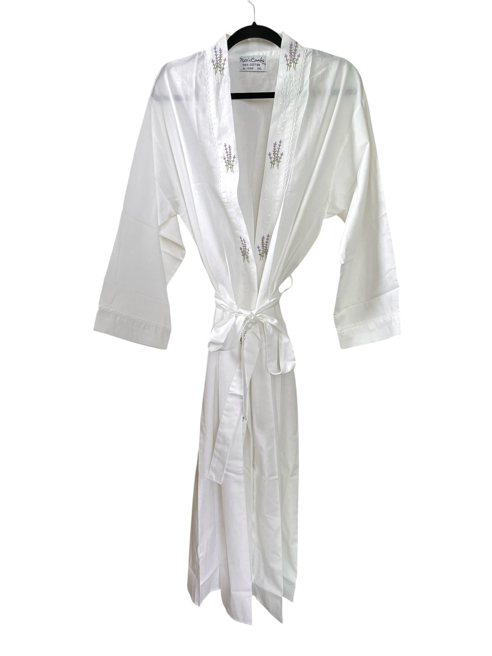 Nice n Comfy Vintage Lavender Embroidered White Cotton Kimono Robe XXL